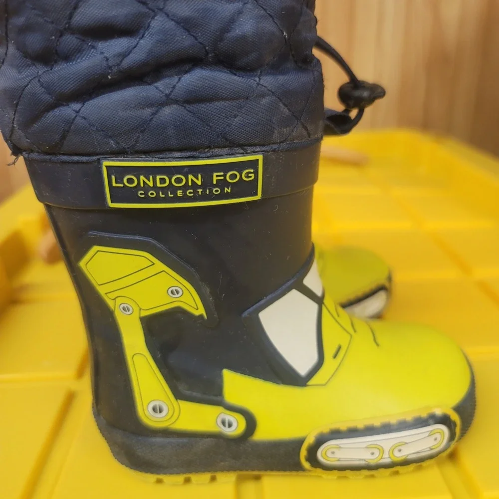 London Fog Kids Navy Yellow‎ Construction Excavator Rain Boots Size 7 Toggle Fur